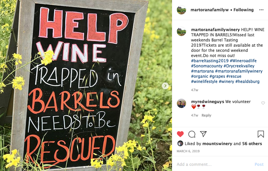 Instagram post of a Sign that reads "Help Wine Trapped in Barrels Needs to be Rescued"