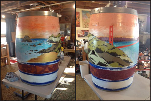 Stunning Golden Gate scene in progress on Art of Oak barrel.