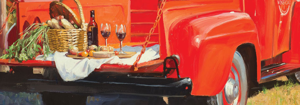 painting of a picnic on the tailgate of an old orange pickup truck.