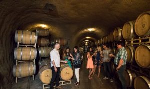 People barrel tasting in a barrel cellar