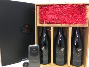 Papapietro Perry three bottle gift pack with chocolates and a stopper.