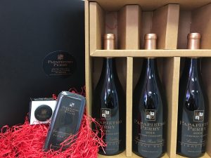 Papapietro Perry three bottle gift pack with chocolates and a stopper.
