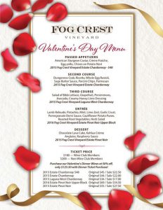 Fog Crest Vineyard Valentine's Day menu for 2018