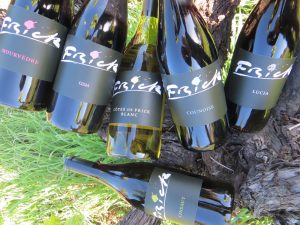 Six bottles of Frick wine with a mossy and rock background