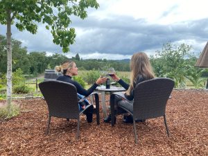 Two woman seated toast wine glasses as they look out on a lovely vineyard view.