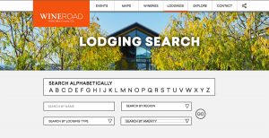 Image of the Wine Road lodging search website page.