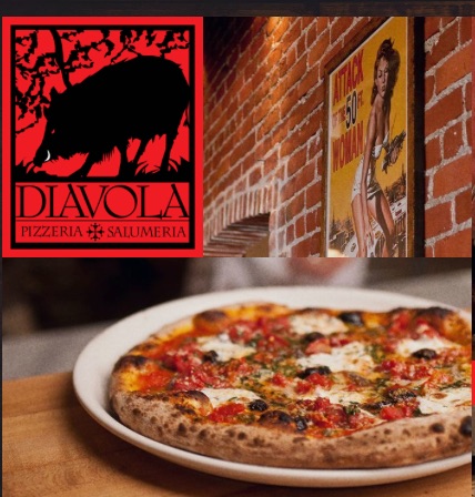 Diavola Pizza logo and big pizza on a table