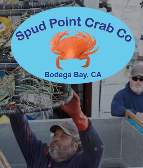 Spud Point Crab Co. Bodega Bay blue oval sign with a crab in the middle.