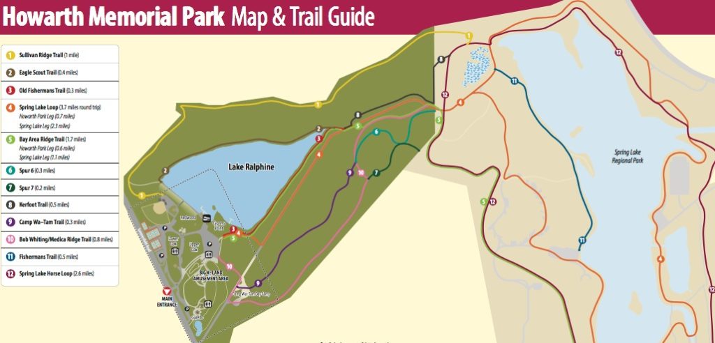 Map depicting the many trails around Howarth Park and Spring Lake Park