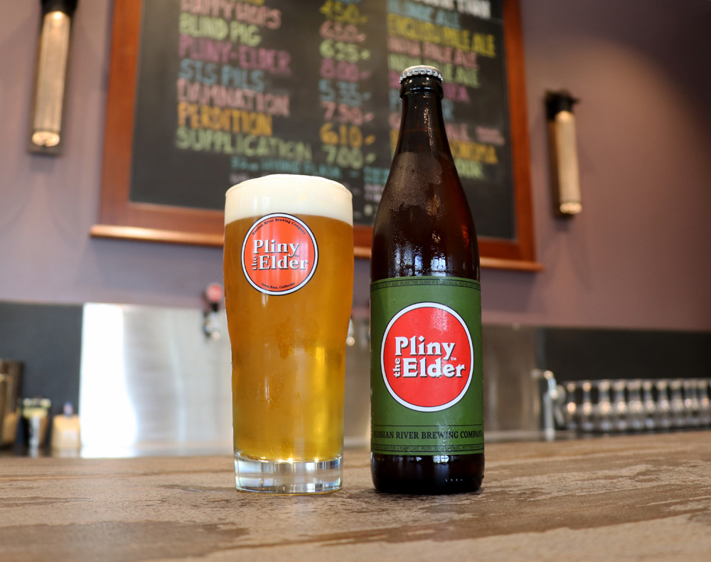 A tall frosty glass of the famous Pliny the Elder Brew at Russian River Brewing Company