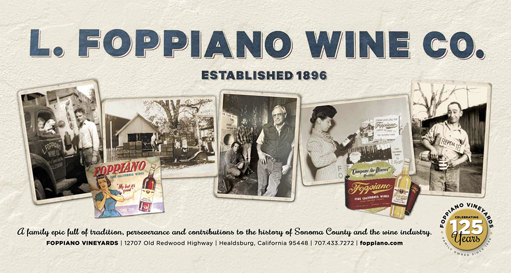 A historical poster from L. Foppiano Wine Co. shoring older black and white photos and old ads to celebrate 125 years in the wine industry.