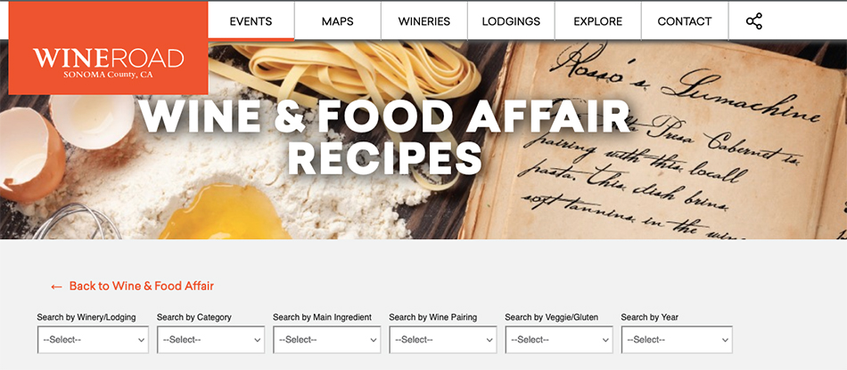 Top section of the Wine & Food Affair recipe website page showing the various search categories