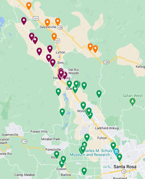 Online map of Wine Road region with Wine & Food Affair winery participates highlighted and color coded by appellation