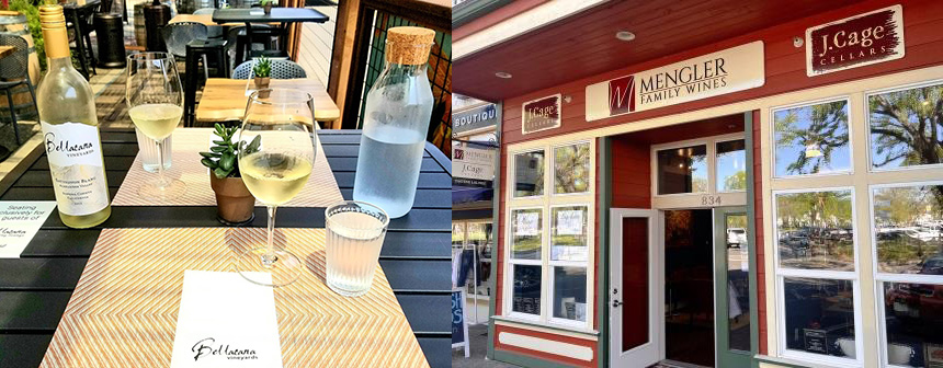 A place setting with a Bellacana brochure, a glass of water, a glass of wine, bottle of Bellacana Sauvignon Blanc, and a bottle of water. The store front of J. Cage Cellars and Mengler Family Wines tasting room.