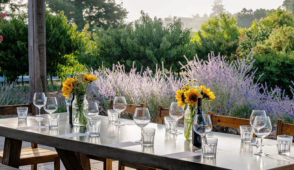 Table on a patio set with wine and water glasses, two bouquets of sunflowers and a paper in from of the wine glasses. The background is lavender and mature trees.