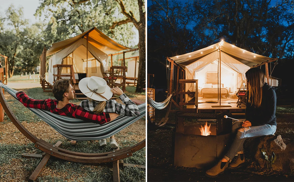 A couple in a hammock with a glamping tent in the background, and another image of a woman roasted a marshmellow at night with the lighted glamping tent behind her.