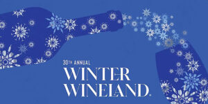 30th annual Winter Wineland post with bottle image and snowflakes in blue and white
