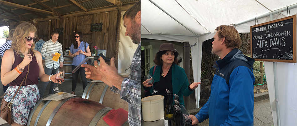Winemakers sharing barrel samples of their wines with people holding wine glasses.