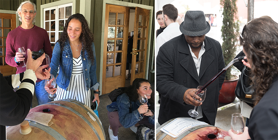 Two photos of people having their Wine Road glasses filled with a wine thief directly from a wine barrel.