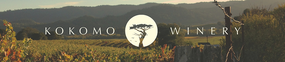 Kokomo Winery with cypress tree logo over a photo of a vineyard in fall.
