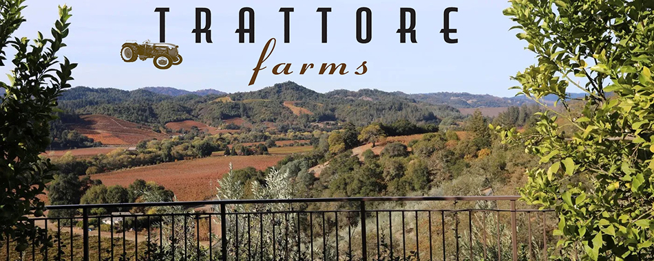 Panoramic view of Sonoma County's Dry Creek Valley in the late fall with Trattore Farms logo over the top of the image.