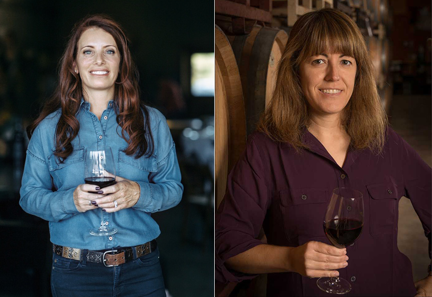 Rashell (Shelly) Rafanelli on the left, holding a glass of red wine. Montse Reece on the right, also holding a glass of red wine.