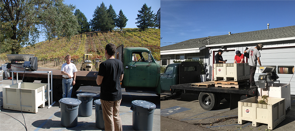 Image one: two men talking in from of an old truck with wine making equipment around and a hillside vineyard in the background. Image two: three people stand on the bed of an old truck as grapes are being dumped for destemming and crushing.