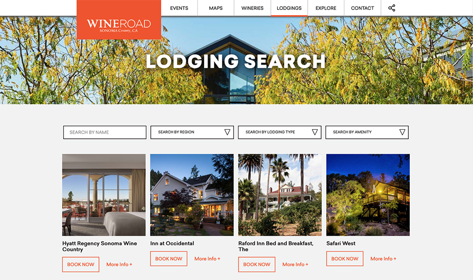Lodging Search page from WineRoad.com showing search fields, and four lodging options.