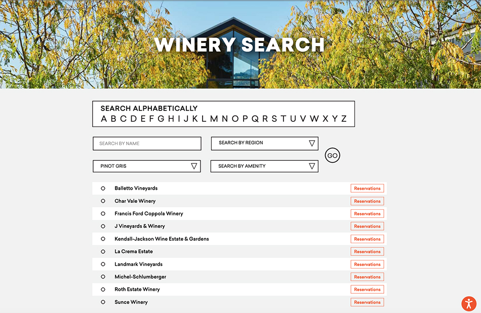 Winery Search page from WineRoad.com showing search fields, and the search results for Pinot Gris.