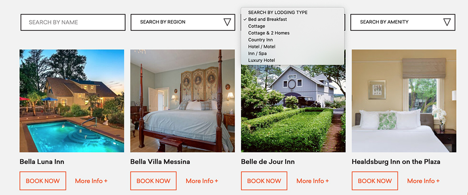Four white boxes across the top that read search by name, search by region, search by lodging type with Bed & Breakfast checked, and Search by Amenity. The next row show four Bed & Breakfast options with photos from each of the properties.