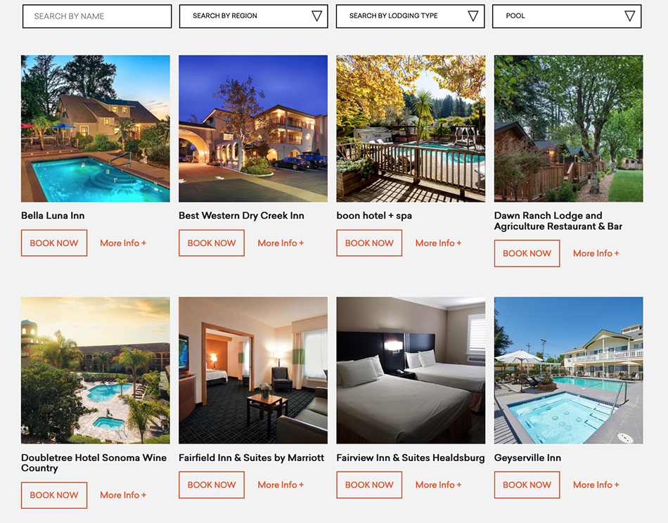 Four white boxes across the top that read search by name, search by region, search by lodging type, and Search by Amenity which has Pool selected. The next row show eight lodgings with pools with photos from each of the properties.