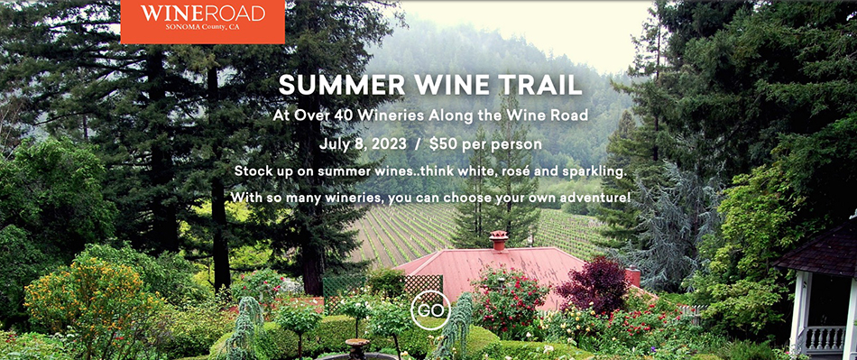 Summer Wine Trail header with description of the event. in the background is a lush garden with redwood trees, a red roofed building and vineyards.
