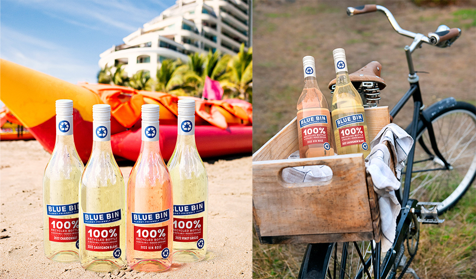 On the left side are four Blue Bin wine bottles with labels that read 100% recycled bottle and the name of the wine sitting on a sandy beach. On the right side is a bicycle with a wooden box over the back tire. In the box are two wine bottles with Blue Bin wine labels.